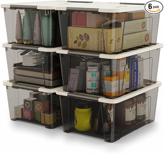 WYT Small Clear 5-Quart Plastic Storage Container Bin with Khaki Secure Lid and Black Latch Buckles, Durable Stackable Nestable Organizin, 6-Pack