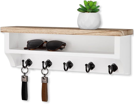 Nekon Key Holder Wall Mount, Wall Organizer Shelf with 5 Key Hooks, Room Decor for Home and Apartment Essentials, Light Brown and White
