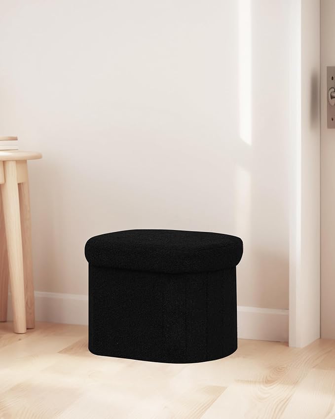 B FSOBEIIALEO Storage Ottoman for Dorm Room, Boucle Folding Storage Ottoman Foot Rest, 16.14 Inches Small Collapsible Ottoman Cube for Living Room Black