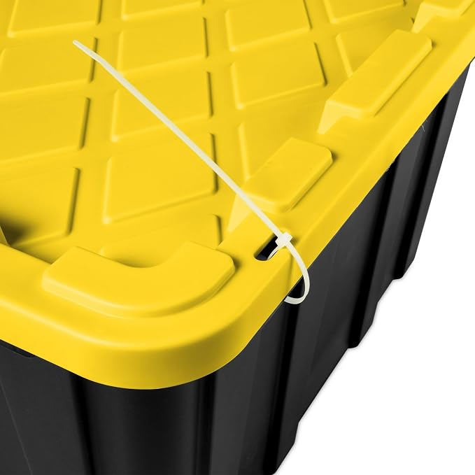 6-Pack 27-Gallon Industrial Totes - Rugged Black & Yellow Plastic Storage Bins with Secure Snap-On Lids, Stackable Design for Garage, Warehouse or Workshop Organization