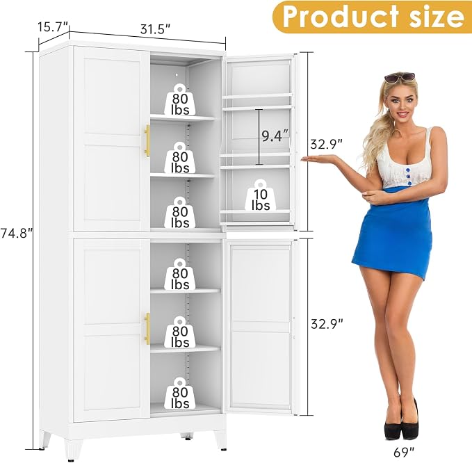 75" Tall Metal Kitchen Pantry Storage Cabinet, Freestanding Cupboard Storage Cabinet with 4 Doors and 4 Adjustable Shelves, Large Stand Up Food Cupboard for Dinning Room, Bathroom, White