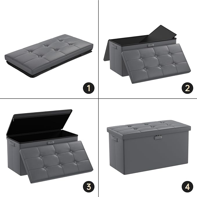 ENGPOW Storage Ottoman Bench,Fireproof Folding Bench with Lock,30 Inches Fire＆Water Resistant Storage Chest Foot Rest Stool Leather Bedroom Ottoman Safe for Documents,Valuables, Grey