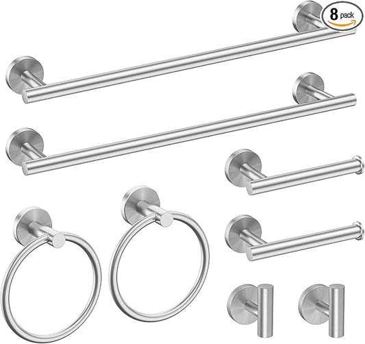 USHOWER 8PCS Brushed Nickel Bathroom Hardware Set, 18-Inch Towel Bar Set | Durable SUS304 Stainless Steel Bathroom Accessories Set, Towel Racks for Bathroom Wall Mounted, Modern Home Decor