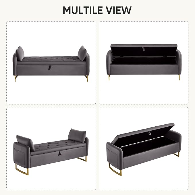 65" End of Bed Storage Bench, Modern Storage Benches for Foot with Tufted Button and Gold Legs, Upholstered Window Bedroom Benches with Armrests, Dark Grey