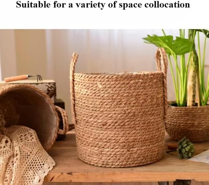 Handmade Rattan Woven Flowerpot Straw Woven Storage Basket Plant Holder Flower Pot Planter Balcony Home Decoration(11.81''X10.63''X11.81'')