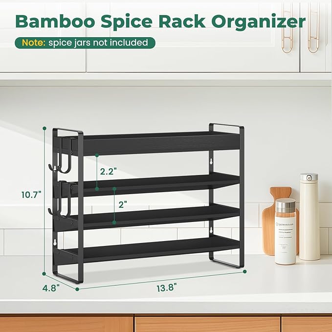 EsLuker.ly Spice Seasoning Rack Organizer Kitchen Countertop, 4 Tier Bamboo | Shelf Holder Storage with 4 Hooks, Wall Mounted Freestanding Stand for Pantry, Quick Spice Access(Jars Not Included), Black