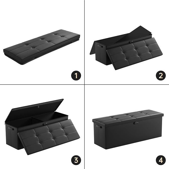 ENGPOW Storage Ottoman, Fireproof Folding Bench with Lock(15”x 43”x15”), Water-Resistant ＆ Heat Insulation Large Storage Chest with Handles＆2 Extra Boxes Safe for Living Room, Bedroom, Home, Black