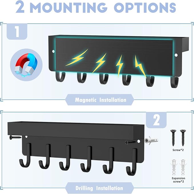 Magnetic Key Holder, Wall Mount Key Rack with Shelf, 9.65 in, Black | Metal Material, Small Size, 6 Metal Hooks, 2 Installation Ways, for Fridge, Entryway, Kitchen, Bathroom, Garage, RV, Office