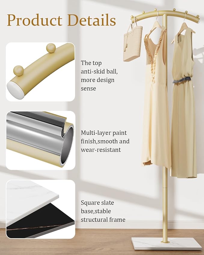 Modern Coat Racks,T-Shaped Coat Stand with Rock Base,68.9in Gold | Metal Garment Racks with Anti Slip Knot,Arcuate Clothes Display Hanger with Natural Patterned Bottom Plate for Bedroom