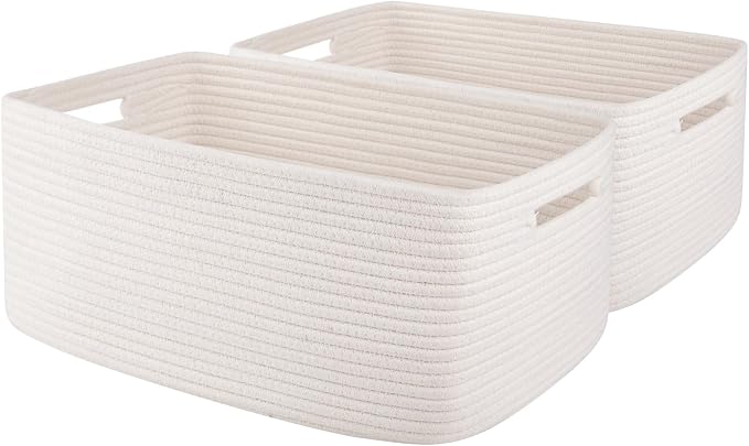 OIAHOMY Storage Basket for Shelves, Closet Cube Storage Bins Baskets for Clothes Blanket Towels, Baby Nursery, Toy Baskets Box, Woven Rope Basket, 17.72 * 12.99 * 7.87 IN, 2 Packs White