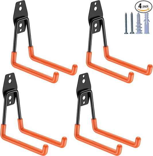 HUPBIPY Garage Hooks Heavy Duty 4 Pack, Wall Mount Ladder Hooks | 5.1in U Shaped Hanger, Storage Organizer With a non-slip coating For Hanging Bicycles, Garden Tools Hoses and Ropes (Orange)