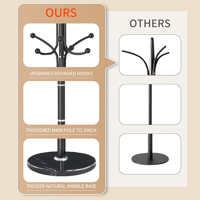 Metal Coat Rack Stand, Modern Freestanding Coat Rack with Natural Marble Base, Black Coat Racks and Coat Hall Tree Hanger Stand with 12 Hooks for Entryway, Hallway, Office