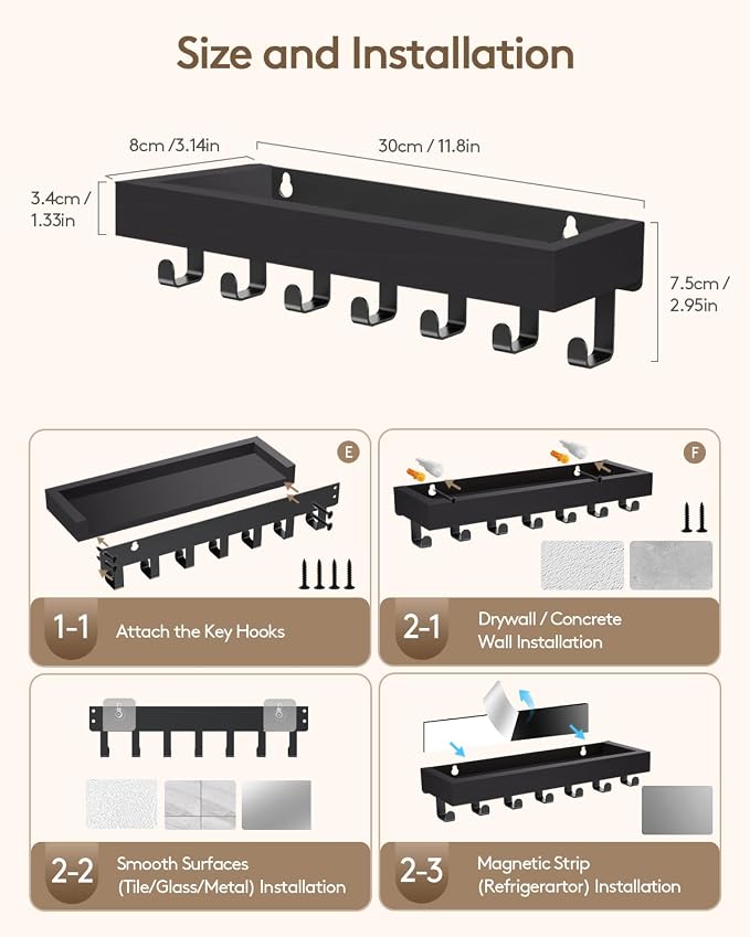 Key Holder Wall Mount Magnetic Adhesive, Key Hooks Rack with Shelf | Key Hanger with Mail Organizer for RV Camper Fridge Living Room Decor, Home Essentials, Large Black