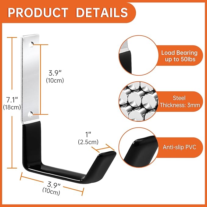 GeeWatom Heavy Duty Steel Garage Hooks,Garage Storage Utility Hooks,Anti-Slip Garage Hooks,Garage Garden Tool Organizer,Steel Wall Mount Hooks, Garden Hose Hanger, Black J Hooks (Large-2PC)