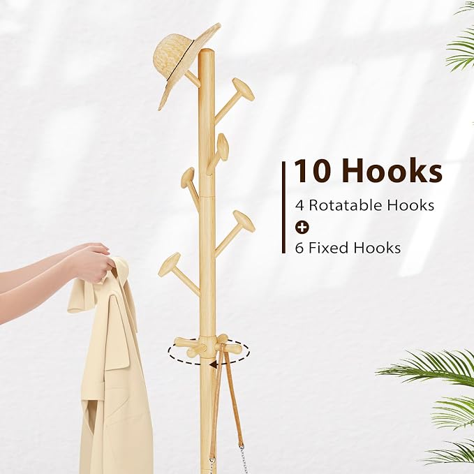 Taitiy Solid Wood Coat Rack Freestanding Coat Tree with 10 Hooks | with 10 Hooks for Bedroom, Livingroom, Entryway, Sturdy Coat Hanger Stand for Hats, Coats, Scarves, Handbags, Purses(Natural)