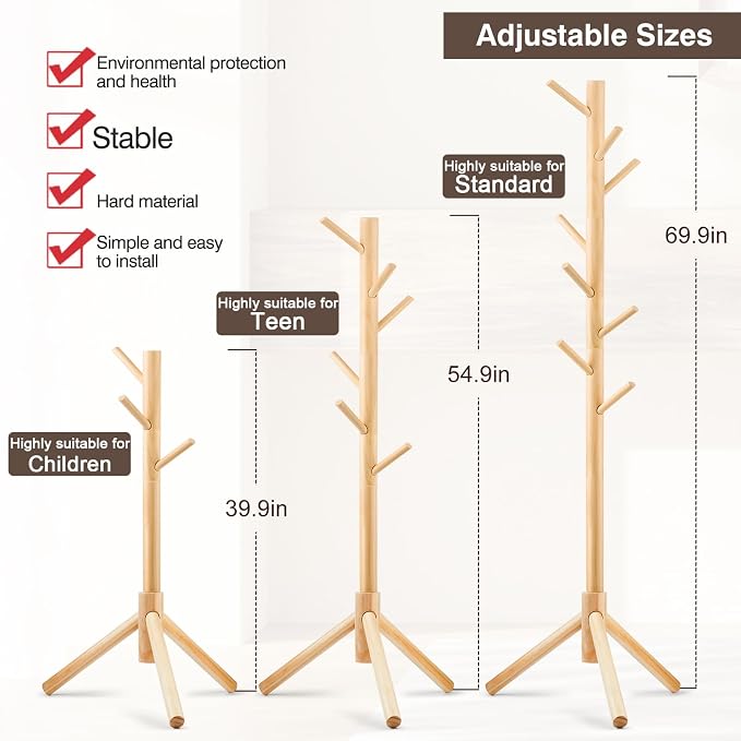 WANGMUXIA Freestanding Coat Rack | Coat Rack with 8 Hooks and 3 Adjustable Size Tree for Bedroom, Hallway, Entrance, Office, for Hats, Coats, Scarves, Handbags