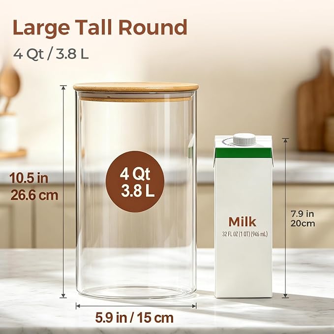 ComSaf Flour Sugar Storage Containers 4 Qt, 2 Pack Glass Flour Container | 26.6cm/10.5in Tall, Gallon Large Glass Storage Canisters, 15cm Extra Wide Mouth, Easy Clean and Scoop, 4.6lb Flour, BPA Free