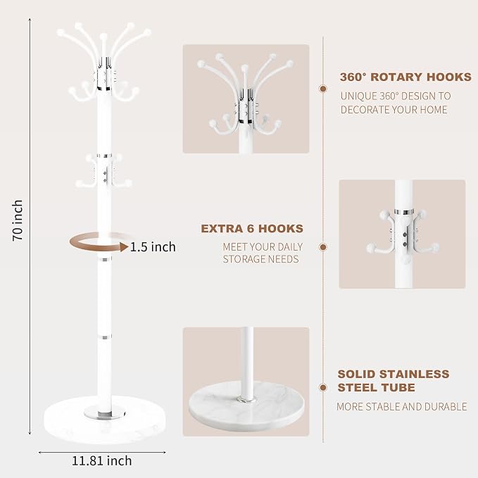 Coat Rack Stand 360°Rotary Coat Rack Freestanding with 16 Hooks | Modern Metal Coat Rack with Natural Marble Base,Coat Hanger Stand, White Coat Hall Clothes Tree for Hallway,Entryway,Office