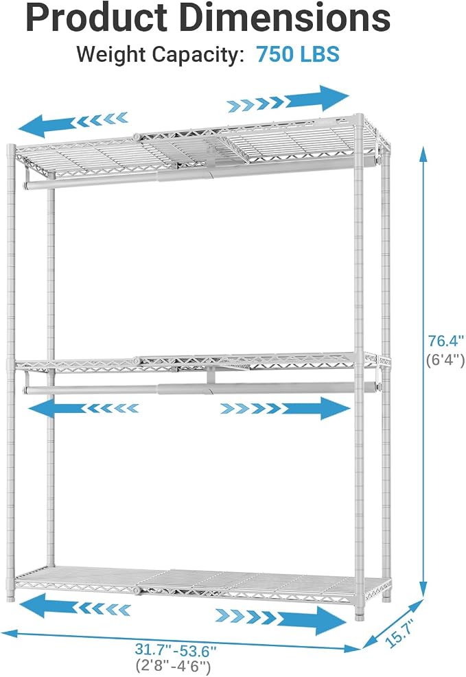 VIPEK X1 Plus Expandable Heavy Duty Clothes Rack, Clothes Organizer White | Reach-in Closet System with Adjustable Shelves & Hanger rods from 2'8" to 4'6", Metal Clothing Racks Portable Walk-in Closet