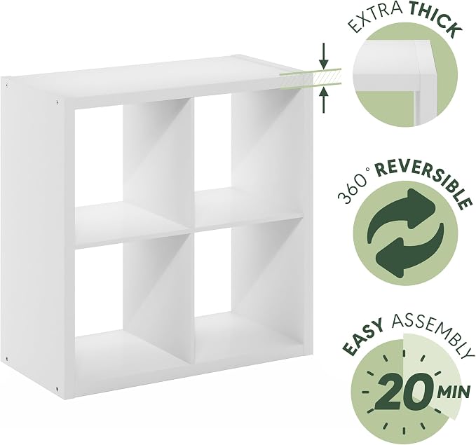 Furinno Cubicle Open Back Decorative Cube Storage Organizer, 4-Cube, White | 14.6" x 30" x 30", Reversible Bookcase with Open Back, for Living Room, Bedroom, Home Office