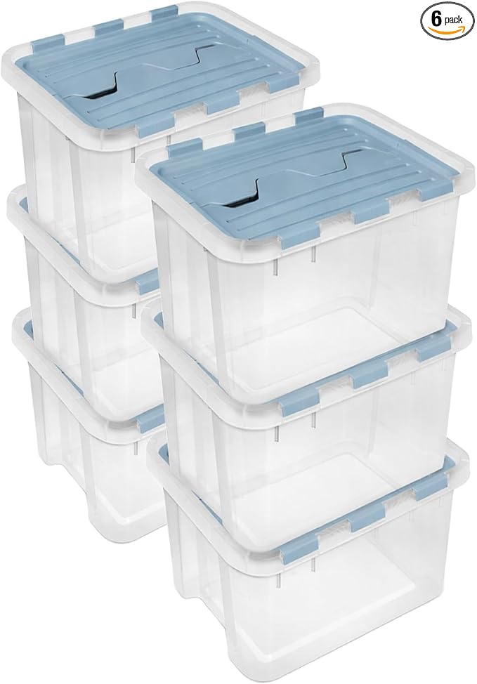 Sterilite Hinged Lid Storage Box, Plastic Container, 30 Quart, 6-Pack | Washed Blue - Home Organizer Tote for Storing Shoes, Crafts, Clothing, or Decor
