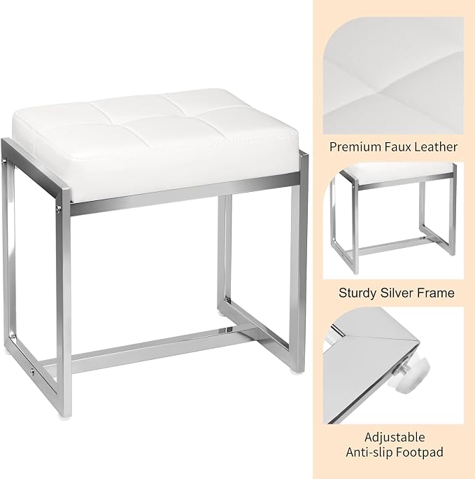Vanity Stool Chair, Modern PU Leather Ottoman Foot Rest for Vanity Bench with Silver Metal Legs, Multifunctional Chairs for Makeup, Bedroom, Living Room, Small Makeup Stools White&Silver