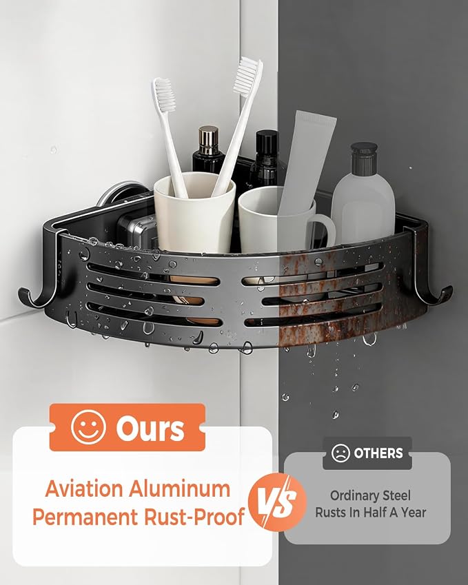 Conworld Corner Shower Caddy Suction Cups, No-Drilling Corner Shower Shelf | 1. No Drilling, No Wall Damage 2. Aluminum, Rustproof 3.Suitable for Ceramic Tiles and Glass Walls