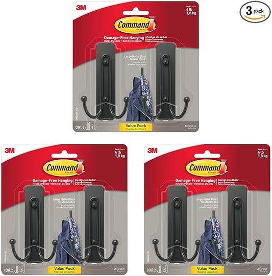 Command Large Matte Black Double Hooks, 2 Hooks and 2 Strips, Damage Free Hanging Wall Hooks with Adhesive Strips, No Tools Coat Hooks for Hanging Home Decor, Holds up to 4 lb (Pack of 3)