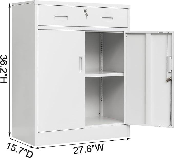 Wanfu Metal Storage Cabinet, Locking Cabinet with 1 Drawer and Adjustable Shelf, 36" H x 28" W x 16" D Steel Storage Cabinet for Office, Garage, Home-White