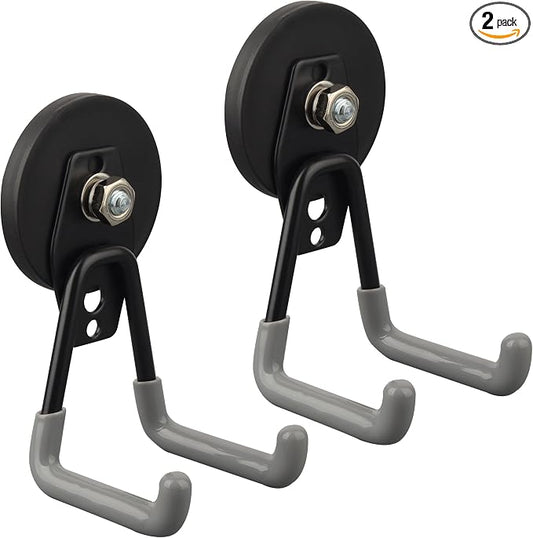 ULIBERMAGNET Heavy Duty Magnetic Hooks,Strong Large Magnet Hooks for Power Drill,Garden Tools, Hose,Pegboard,Garage, Workshop,2 Pack Magnetic Storage Hooks for Indoor Outdoor Hanging(Gray)