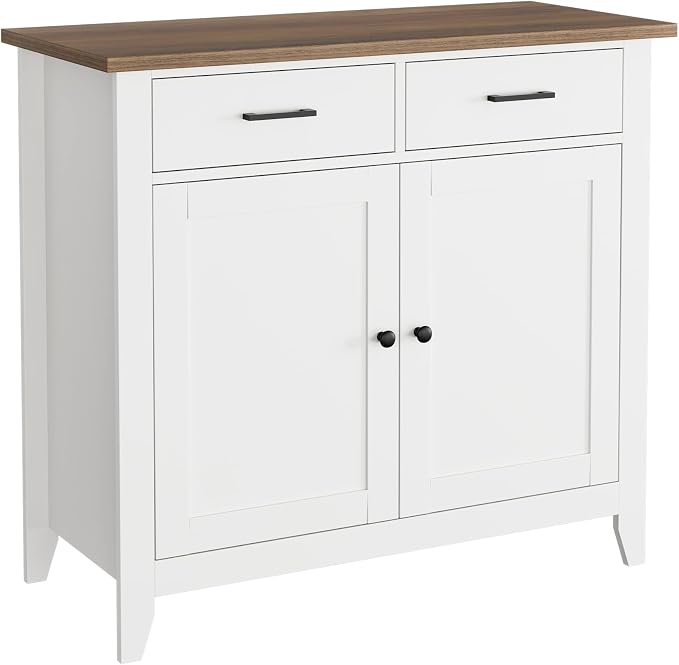 HORSTORS Farmhouse Kitchen Storage Cabinet, Small Buffet, Coffee Bar, White | Buffet Sideboard with 2 Drawers & 2 Doors, 35.8"W Coffee Table, Sapce-saving Kitchen Cabinet for Dining Living Room, Entryway