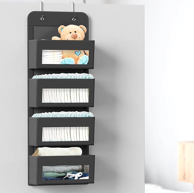Simple Houseware 4 Clear Pocket Over Door Hanging Organizer, Dark Gray | Over the Door Storage for Closet, Bedroom, Bathroom, Pantry