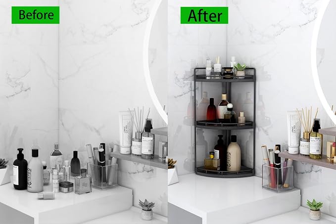 Dorhors Corner Bathroom Organizer Countertop,Vanity Counter Storage Shelf | 3 Tier Black Stand Rack Holder for Kitchen,Dresser,Restroom,Wood Bathroom Sink Tray for Makeup,Perfume,Skincare,Lotion