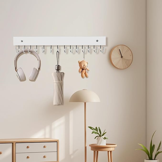 2-Pack Key Holder Wall Mount, 14.6"Key Rack with 28 Rotating Metal Hooks | Natural wood wall key hanger, 28 rotating metal hooks, for entryway, hallway, apartment decor, space-saving, white