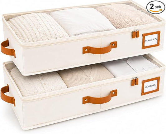 2pc Under Bed Storage Containers, Bedroom Under the Bed Drawer Storage Organizer with Bins and Lids, Large Underbed Clothes Storage Box Ideal for Blanket, Fabric, & Shoes (Ivory)