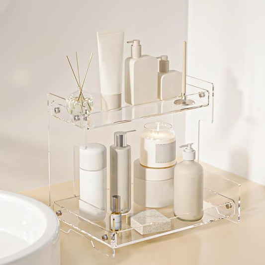 Bathroom Counter Organizer Countertop 2 Tier Storage Acrylic Corner Makeup Organizer for Perfume Stand, Vanity Holder, Dresser Tray, Spice Rack, Skincare, Coffee Bar, Room Decor (Clear)