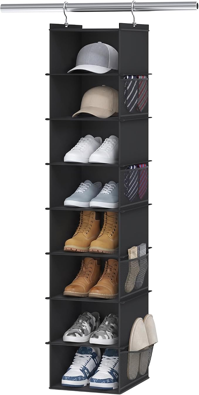 YOUDENOVA Upgraded Hanging Shoe Organizer for Closet, 8-Shelf, Black | Extra Wide Design, 8 Side Pockets, Hanging Shoe Rack Hanger, Dorm Storage, Perfect for Storing Shoes, Hats, Clothes, Jeans