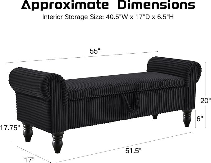 55" Corduroy Storage Bench, End of Bed Bench with Storage, Upholstered Bedroom Bench with Rolled Arm, Ottoman Bench for End of Bedroom, Living Room, Entryway (Black)