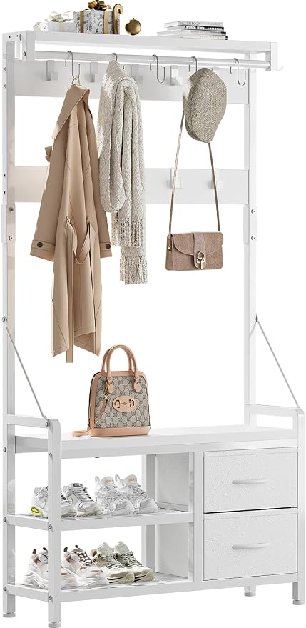 Hall Tree with Bench and Shoe Storage, 31.5” Coat Rack Freestanding | White, 5 in 1 Intelligent Design, 17 Hooks, 2 Drawers, Handy Clothes Rail
