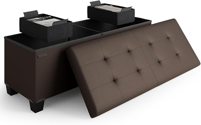 Storage Ottoman Bench with Bins, 43-in Storage Bench for Bedroom End of Bed, Folding Foot Rest Ottoman for Living Room Max 660lbs, Faux Leather Ottomans, Brown