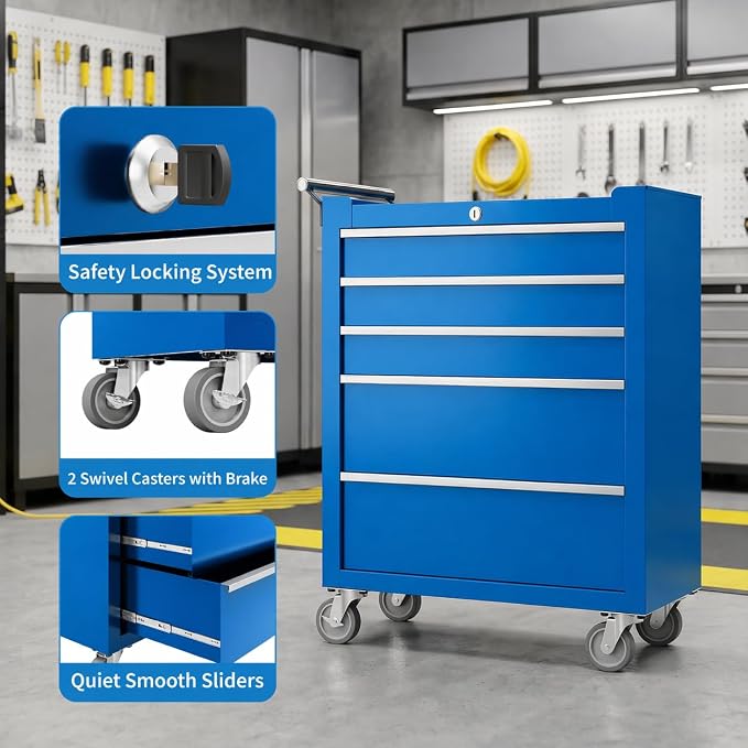 Garvee Rolling Tool Chest, 5 Drawers Tool Storage Cabinet, Toolbox with Wheels, Portable Tool Cabinet Organizer with Locking System & Drawer Liners, Tool Storage Cart for Garage, Workshop, Blue
