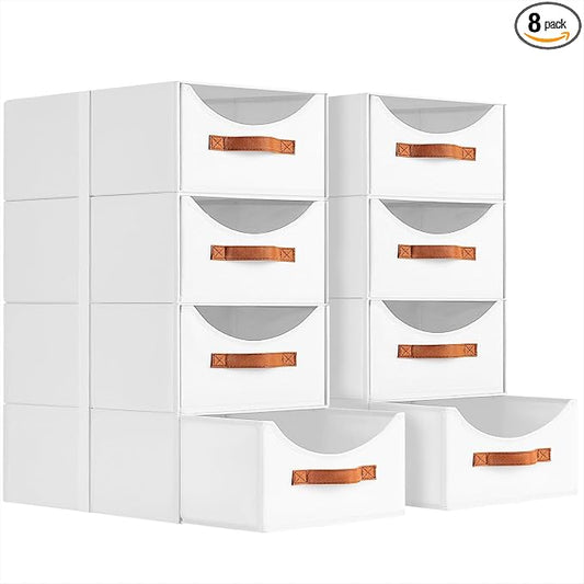 Homsorout Stackable Storage Drawers - Large Collapsible Storage Bins with Drawers, 8 Pack Closet Shelf Organizer Basket, Fabric Pull Out Organizer for Bedroom, Living Room, Dorm, White