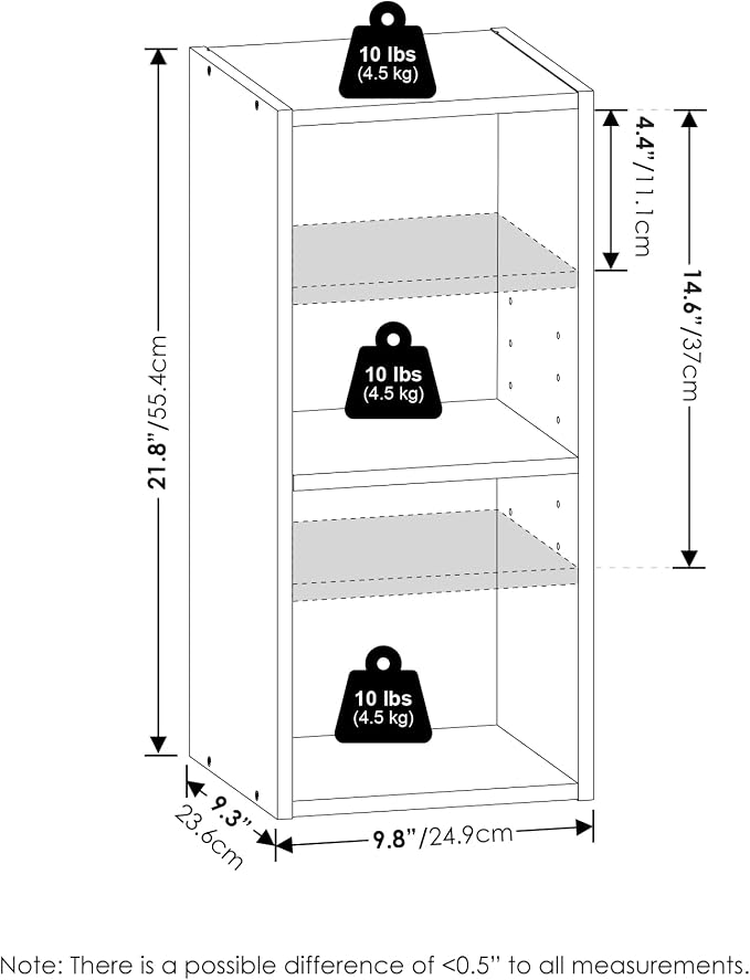 Furinno Fulda Book Shelf, 2-Tier Narrow Bookshelf, Bookcase with 10-in Width Storage Shelf, 9.3 x 9.8 x 21.2, for Living Room, Bedroom, Home Office, White