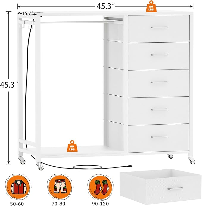 Cyclysio Storage Clothes Rack with 5 Drawers, Garment Rack with Charging Station & LED Lights, Fabric Chest Shelves Clothing Rack, Wooden Portable Wardrobe Closet