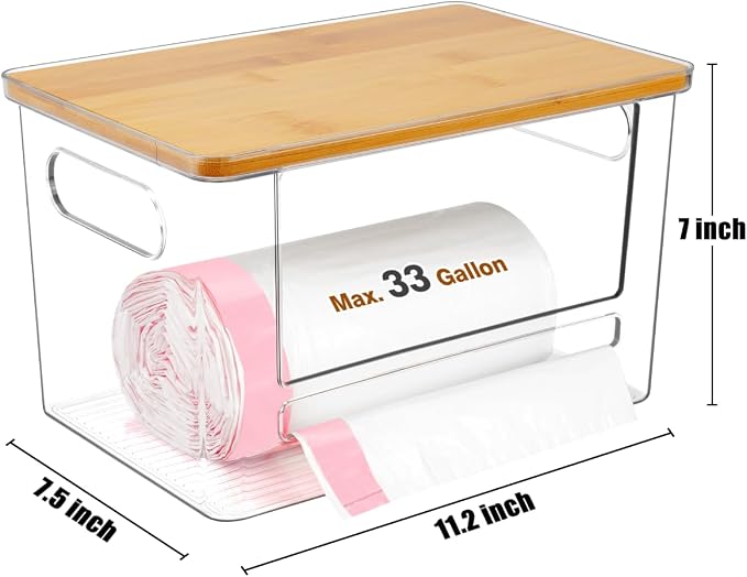 Trash Bag Dispenser 2 Pack - Under Sink Organizer, Plastic Bag Holder | Stackable Acrylic Garbage Bag Storage with Bamboo Lid for Kitchen Cabinet, 13/30/33 Gallon Grocery Bag Dispenser