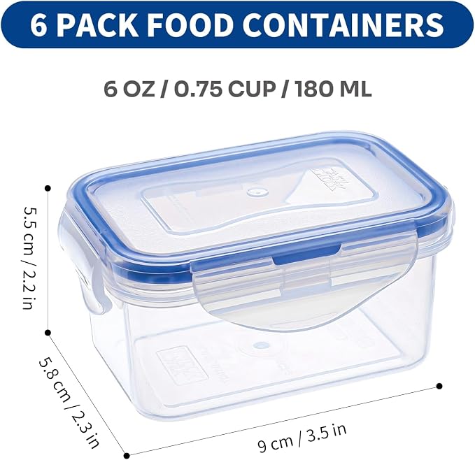 KIGI Small Plastic Food Storage Containers Set, 6 Pack (0.74 Cup) | BPA-Free, Airtight Lids, Leakproof for Meal Prep, Snack & Lunch, Mini Bento Box, 6 oz