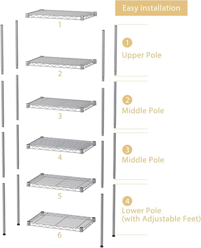 SINGAYE Metal Shelves Wire Shelving Storage Standing Adjustable Shelf Unit | 6 Tier Mesh Units Shelf for Kitchen Laundry Bathroom Closet Organizers Pantry Narrow Home Rack 10" D x 16" W x 63" H Gray
