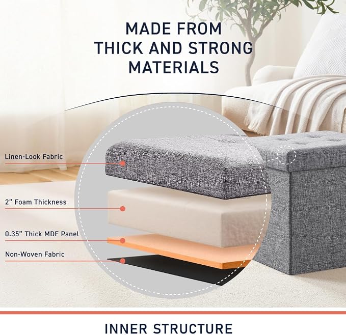 Ornavo Home 15 Inch Folding Storage Ottoman Cube, Tufted Linen, Gray | Upholstered Cube with Lid; Foot Rest Stool; Ideal for Bedroom, Living Room or Entryway