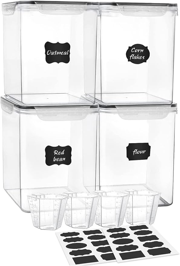 Large Food Storage Containers 5.2L (175oz), MCIRCO 4 Pieces Plastic Airtight Food Storage Containers for Flour, Sugar, Baking Supplies, with 4 Measuring Cups and 20 Labels