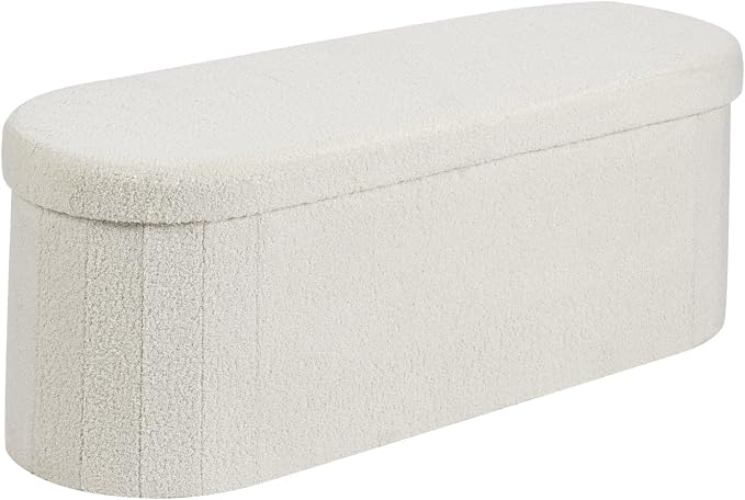 VEVOR Oval Storage Ottoman Bench, Foldable Teddy Fleece End of Bed Bench, Folding Upholstered Bed Ottoman Chest with Large Storage Space, Supports 660 lbs, for Living Room, Bedroom, Entryway, Beige